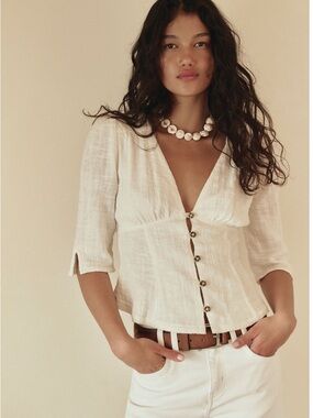 Free People Ivory Button-Front Textured V-Neck Blouse